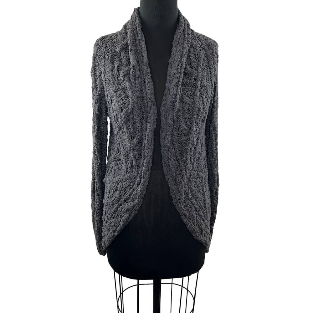 Anthropologie Knitted & Knotted Gray Open Front Pom Pom Cardigan Sweater S